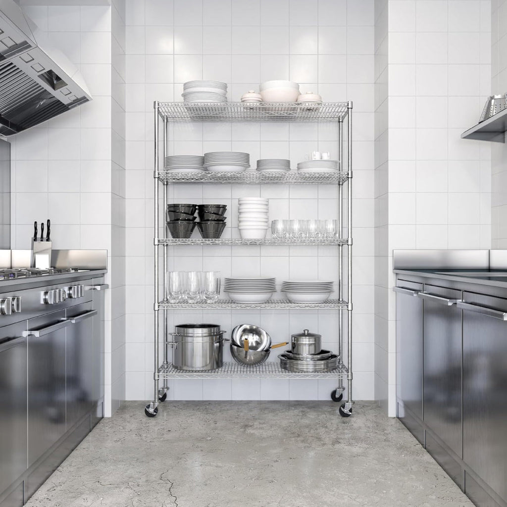 Kitchen storage metal wire shelving unit holding dishes and cookware.
