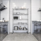 Kitchen storage metal wire shelving unit holding dishes and cookware.