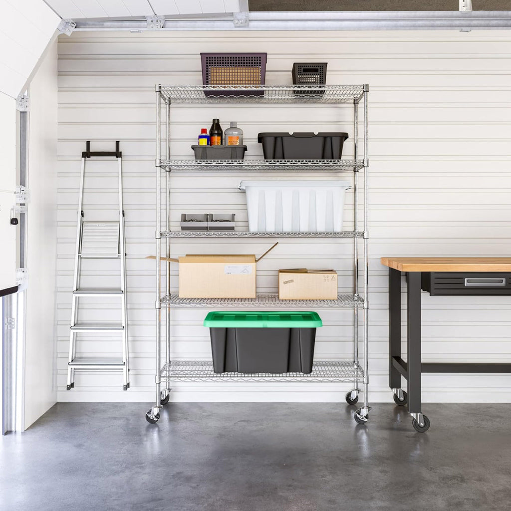 Wire shelving unit used for garage storage with boxes and tools organized on shelves.