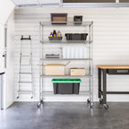 Wire shelving unit used for garage storage with boxes and tools organized on shelves.