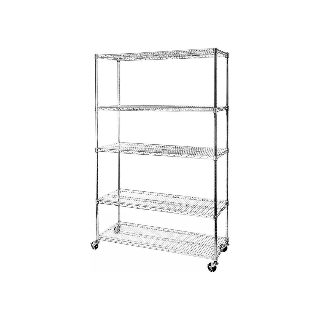 Heavy-duty metal wire shelving unit, 5-tier chrome storage rack with wheels.