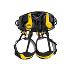 Rear view of Petzl SEQUOIA SRT harness showing gear loops, tool holders, and yellow detailing on the waistbelt and leg loops