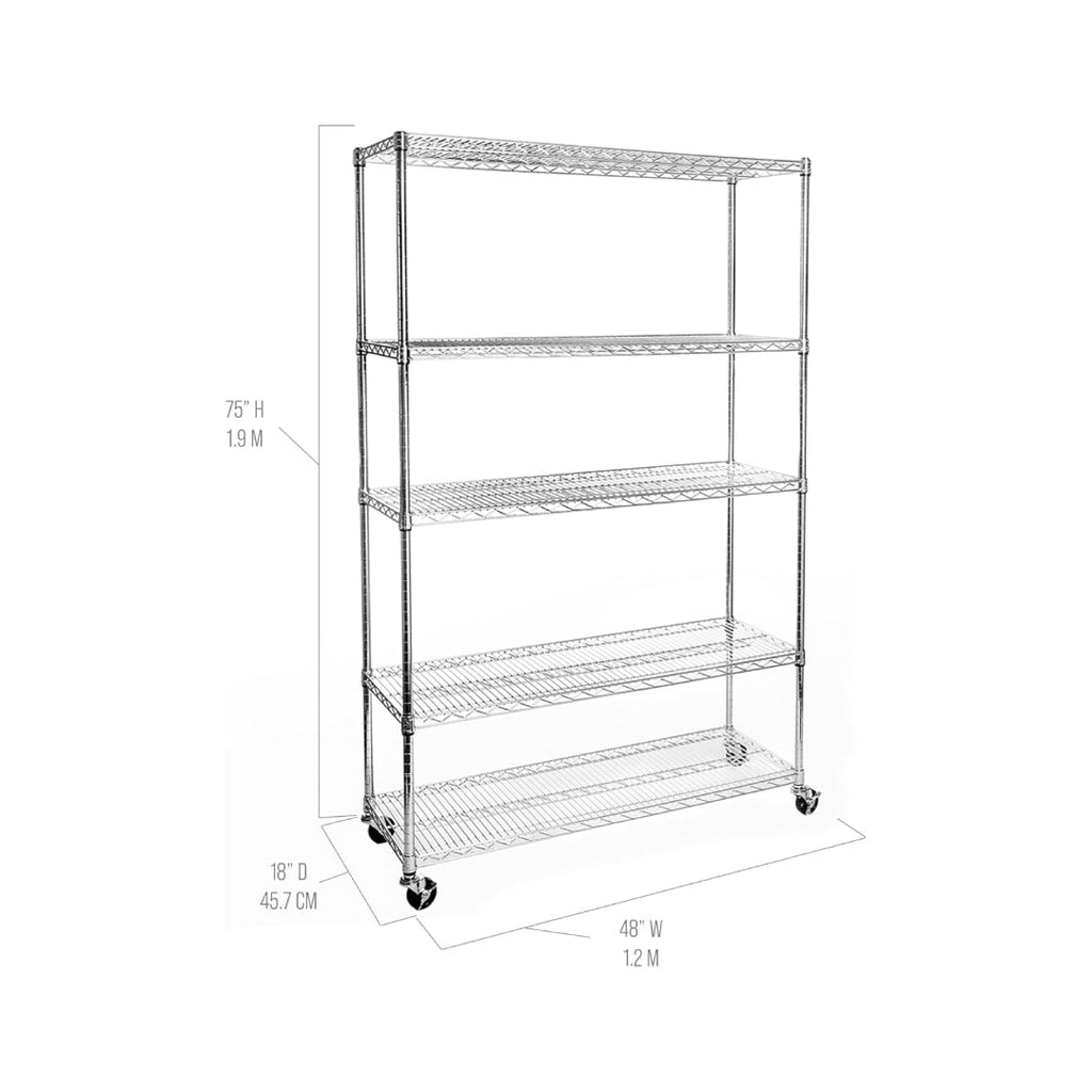 Metal wire shelving rack with labeled dimensions showing 48 inches wide, 18 inches deep, and 75 inches tall.