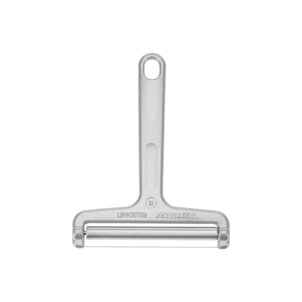 Front view of Westmark metal cheese slicer showing wire cutter and handle