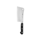 Stainless steel Zwilling 6-inch meat cleaver with black triple-riveted handle on white background