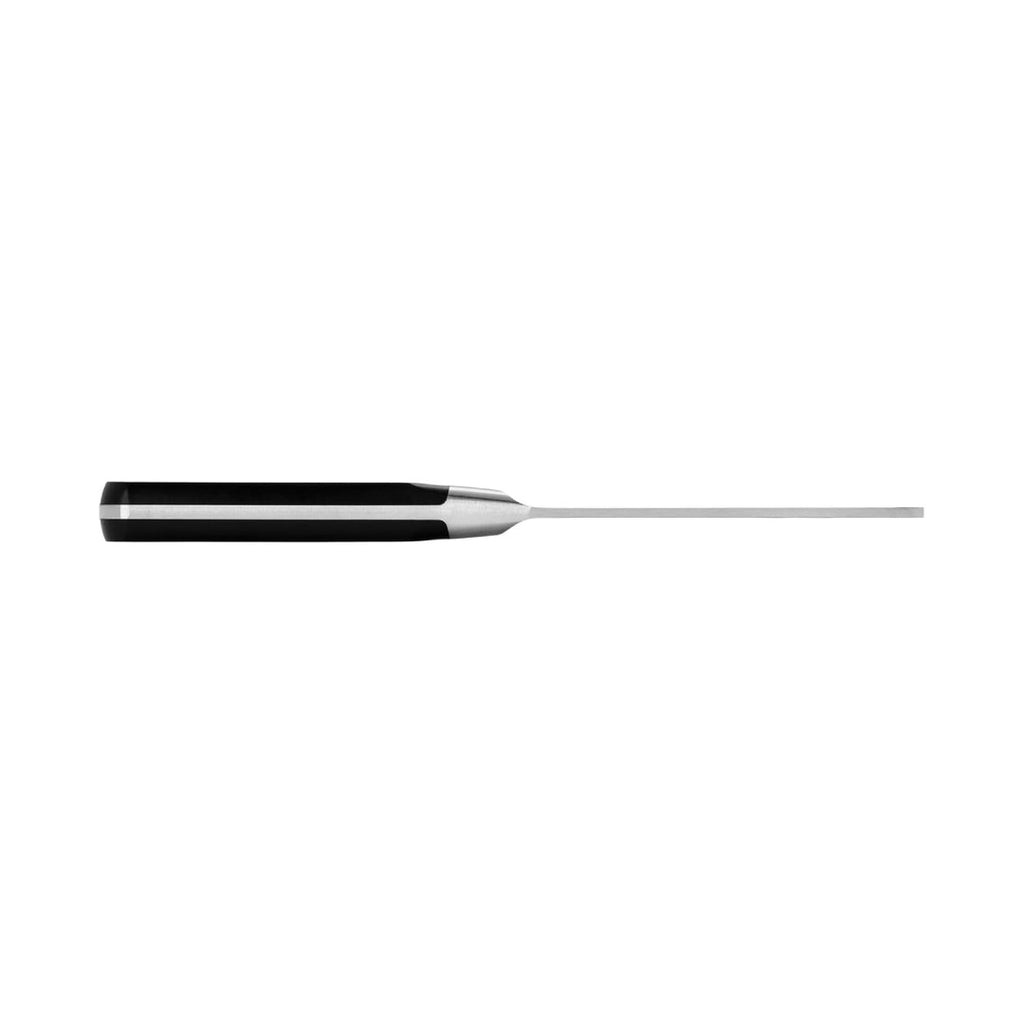 Top side view of Zwilling meat cleaver handle showing slim stainless steel blade alignment