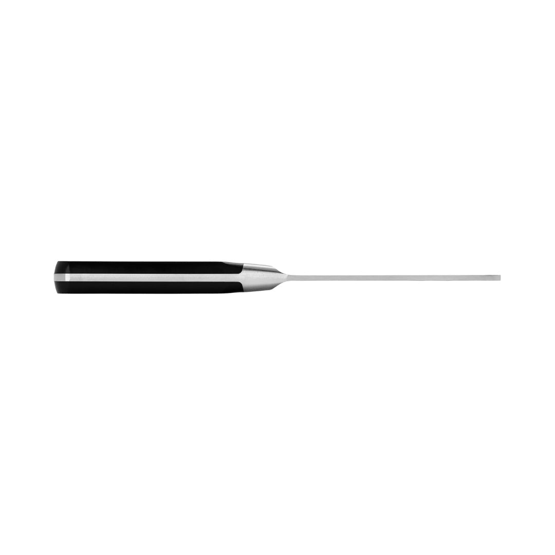Top side view of Zwilling meat cleaver handle showing slim stainless steel blade alignment