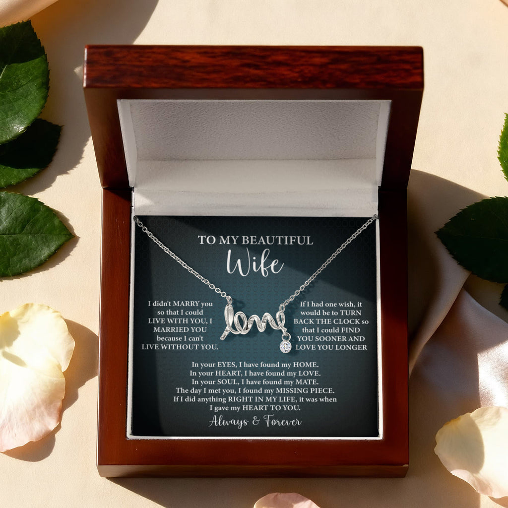 To My Beautiful Wife Scripted Love Necklace – Romantic Gift for Wife – Anniversary, Birthday & Valentine's Day Jewelry