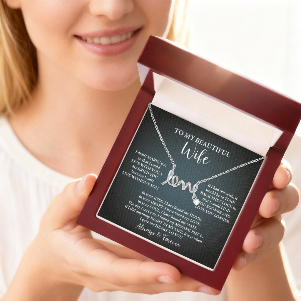 To My Beautiful Wife Scripted Love Necklace – Romantic Gift for Wife – Anniversary, Birthday & Valentine's Day Jewelry