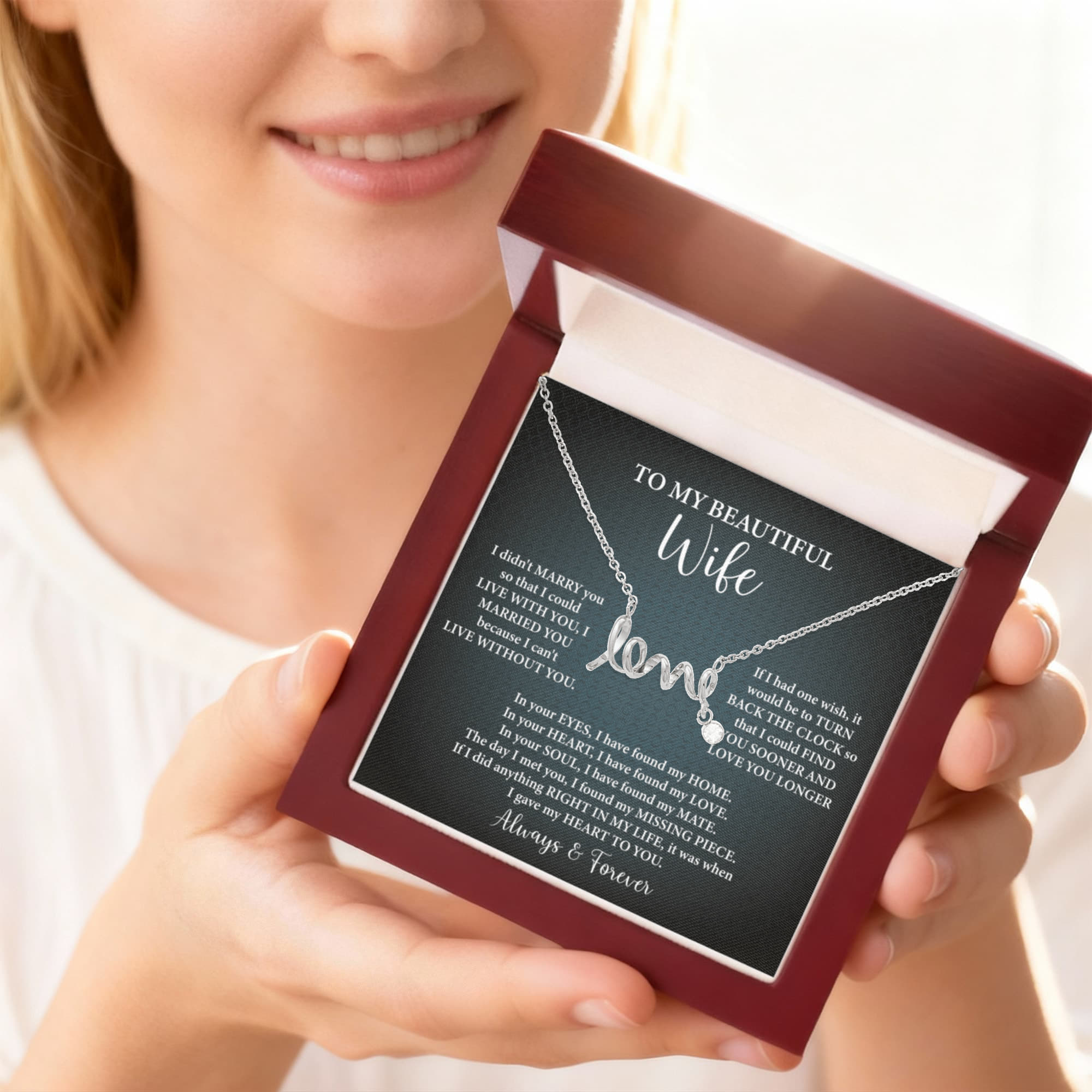 To My Beautiful Wife Scripted Love Necklace – Romantic Gift for Wife – Anniversary, Birthday & Valentine's Day Jewelry