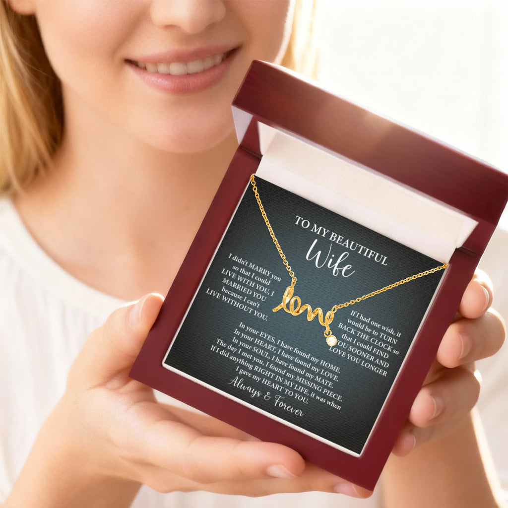 To My Beautiful Wife Scripted Love Necklace – Romantic Gift for Wife – Anniversary, Birthday & Valentine's Day Jewelry