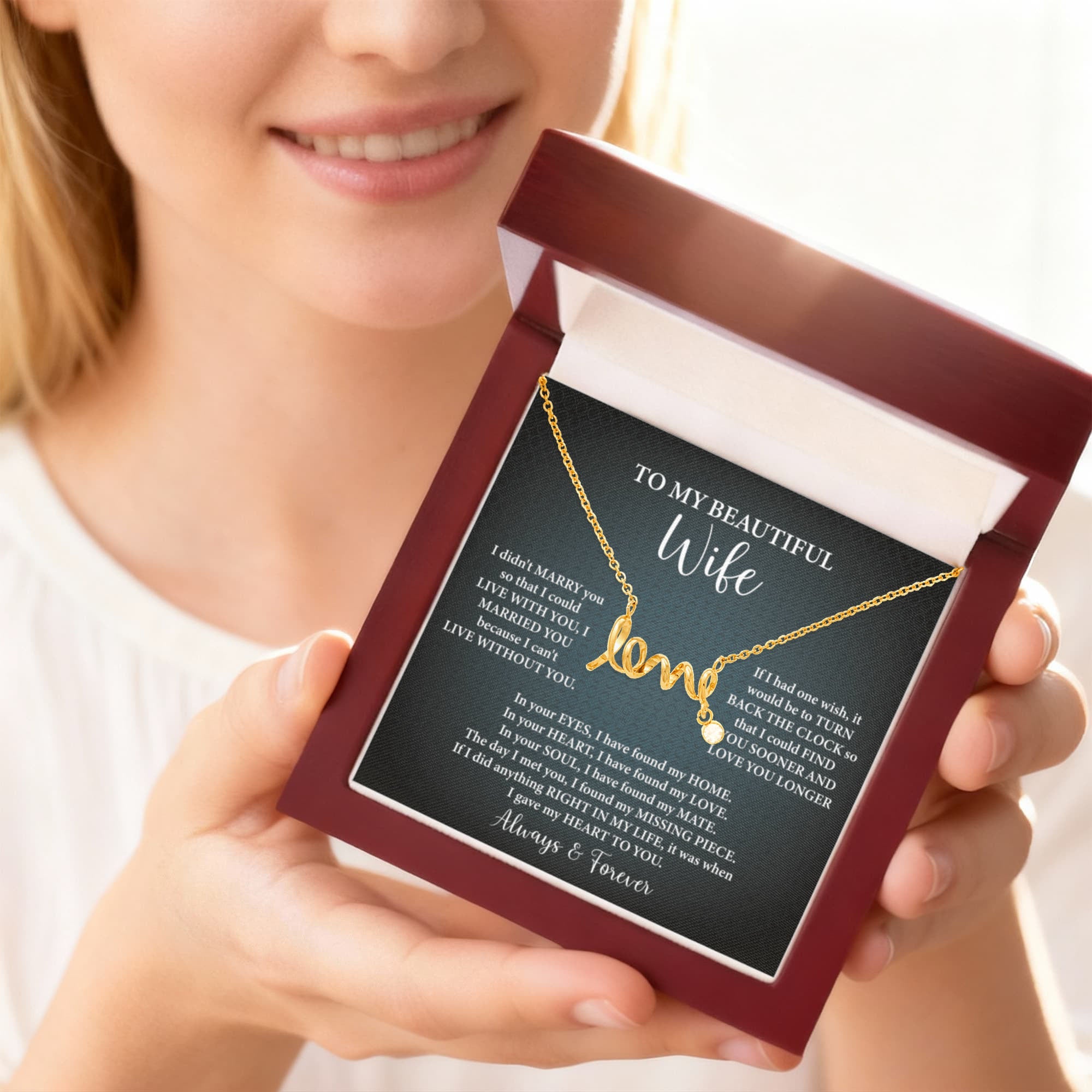 To My Beautiful Wife Scripted Love Necklace – Romantic Gift for Wife – Anniversary, Birthday & Valentine's Day Jewelry