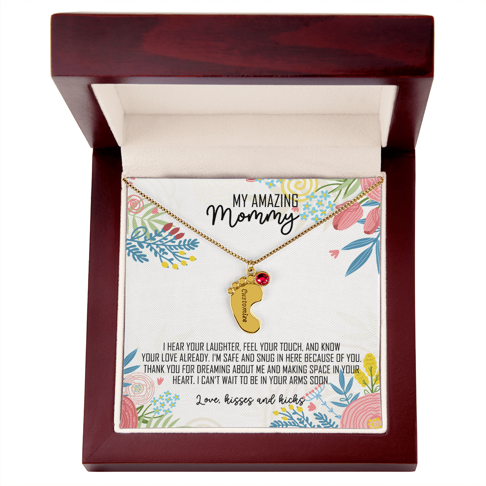 To My Amazing Mommy Baby Feet Necklace with Birthstone – Personalized Gift for Mom – Custom Baby Feet Jewelry