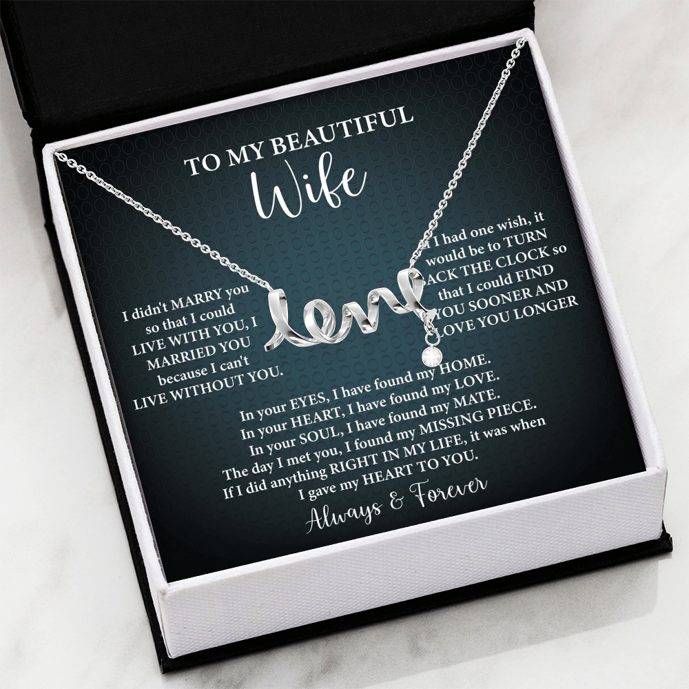 To My Beautiful Wife Scripted Love Necklace – Romantic Gift for Wife – Anniversary, Birthday & Valentine's Day Jewelry