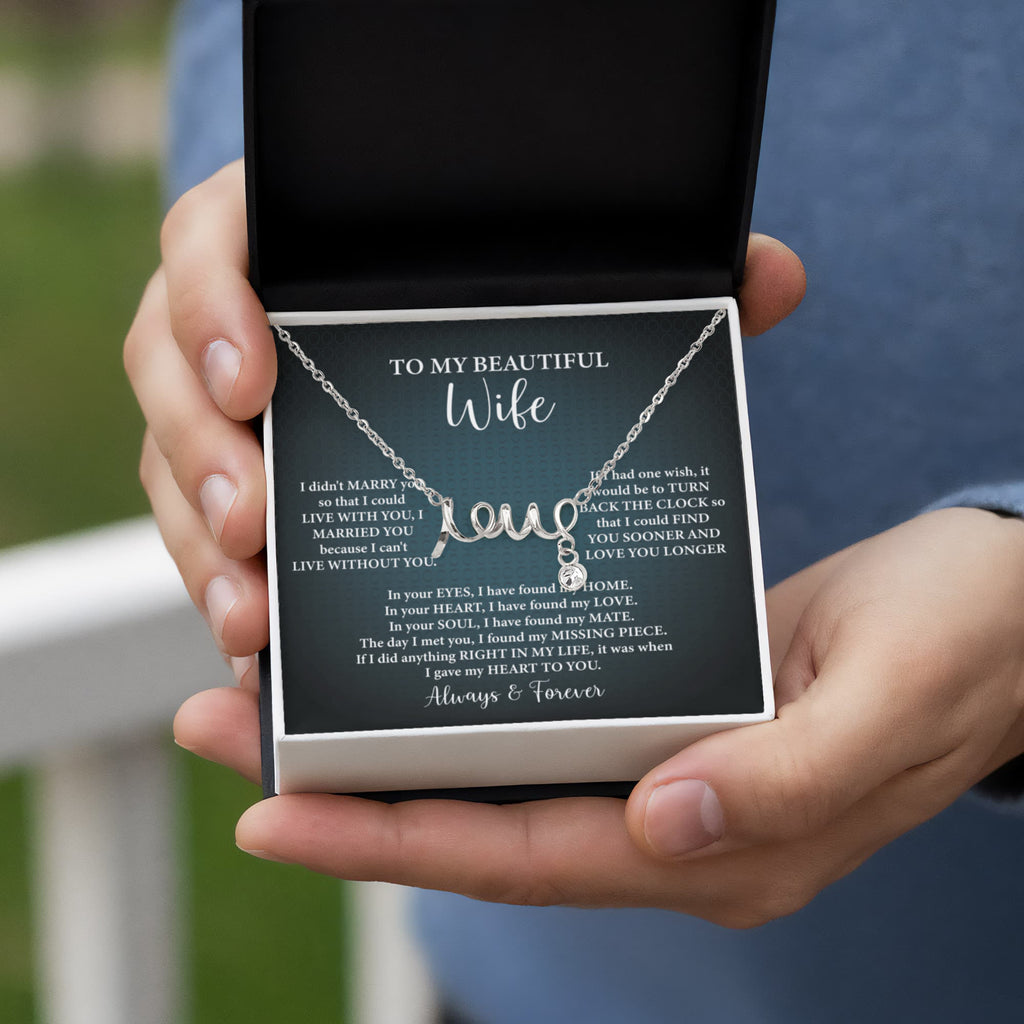 To My Beautiful Wife Scripted Love Necklace – Romantic Gift for Wife – Anniversary, Birthday & Valentine's Day Jewelry