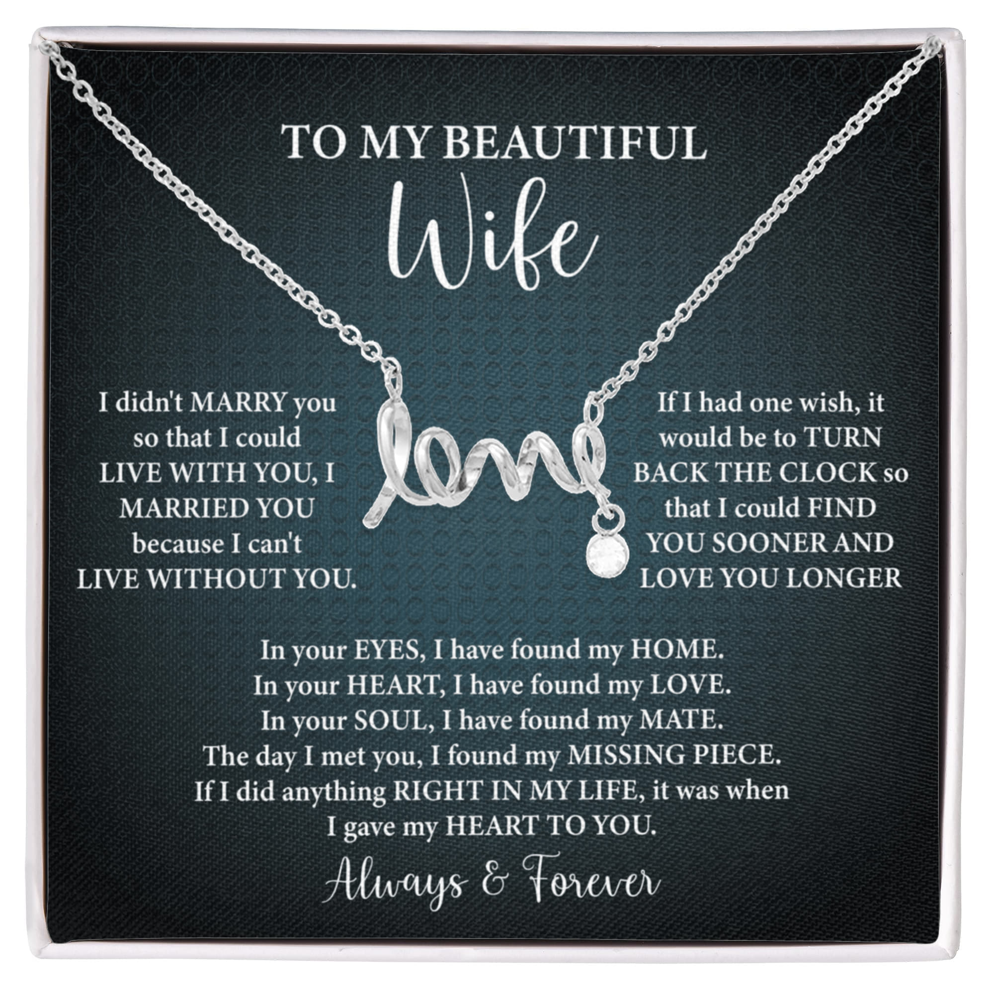 To My Beautiful Wife Scripted Love Necklace – Romantic Gift for Wife – Anniversary, Birthday & Valentine's Day Jewelry