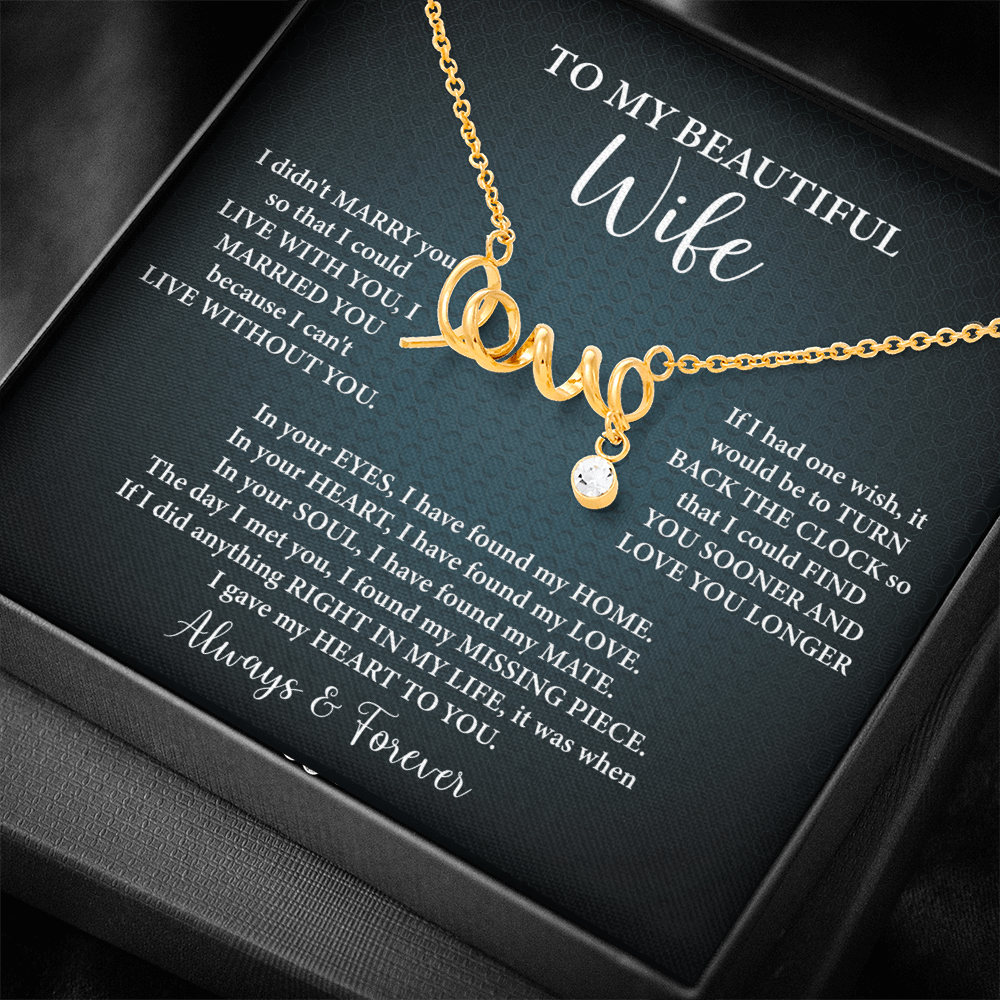 To My Beautiful Wife Scripted Love Necklace – Romantic Gift for Wife – Anniversary, Birthday & Valentine's Day Jewelry