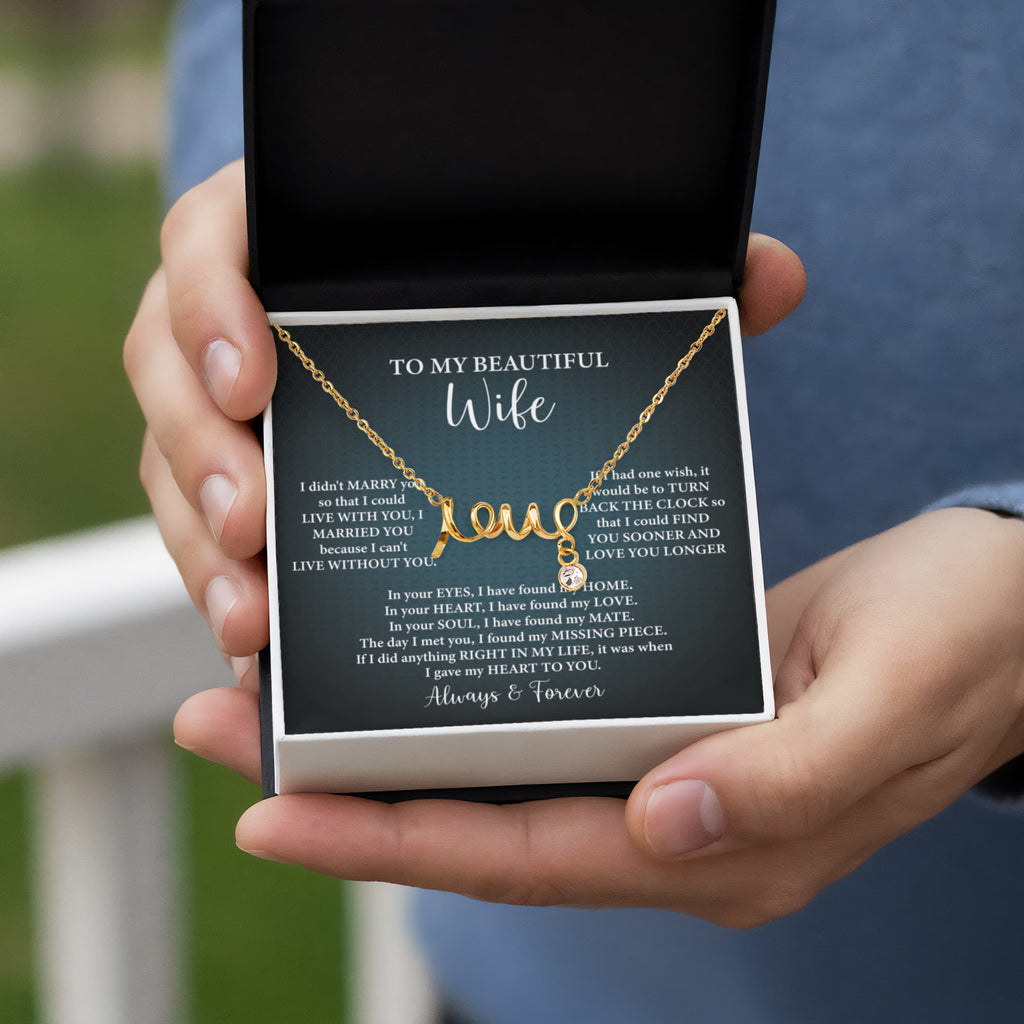 To My Beautiful Wife Scripted Love Necklace – Romantic Gift for Wife – Anniversary, Birthday & Valentine's Day Jewelry