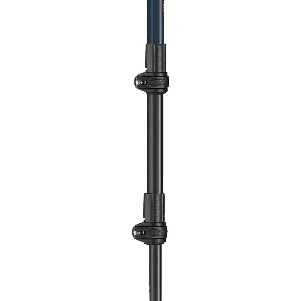 Close-up of LEKI Wanderfreund High Fives hiking pole cork handle and wrist strap for comfortable grip and enhanced hiking stability.