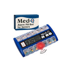 Front view of Med-Q Alarm Pill Box for seniors in blue, featuring digital display, flashing LED reminder, and labeled compartments for daily medication organization.