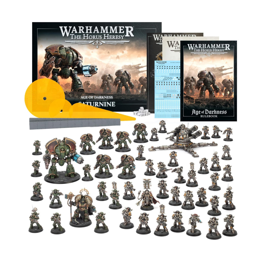 Warhammer The Horus Heresy Age of Darkness box set featuring miniatures, rulebooks, templates, and full model army collection